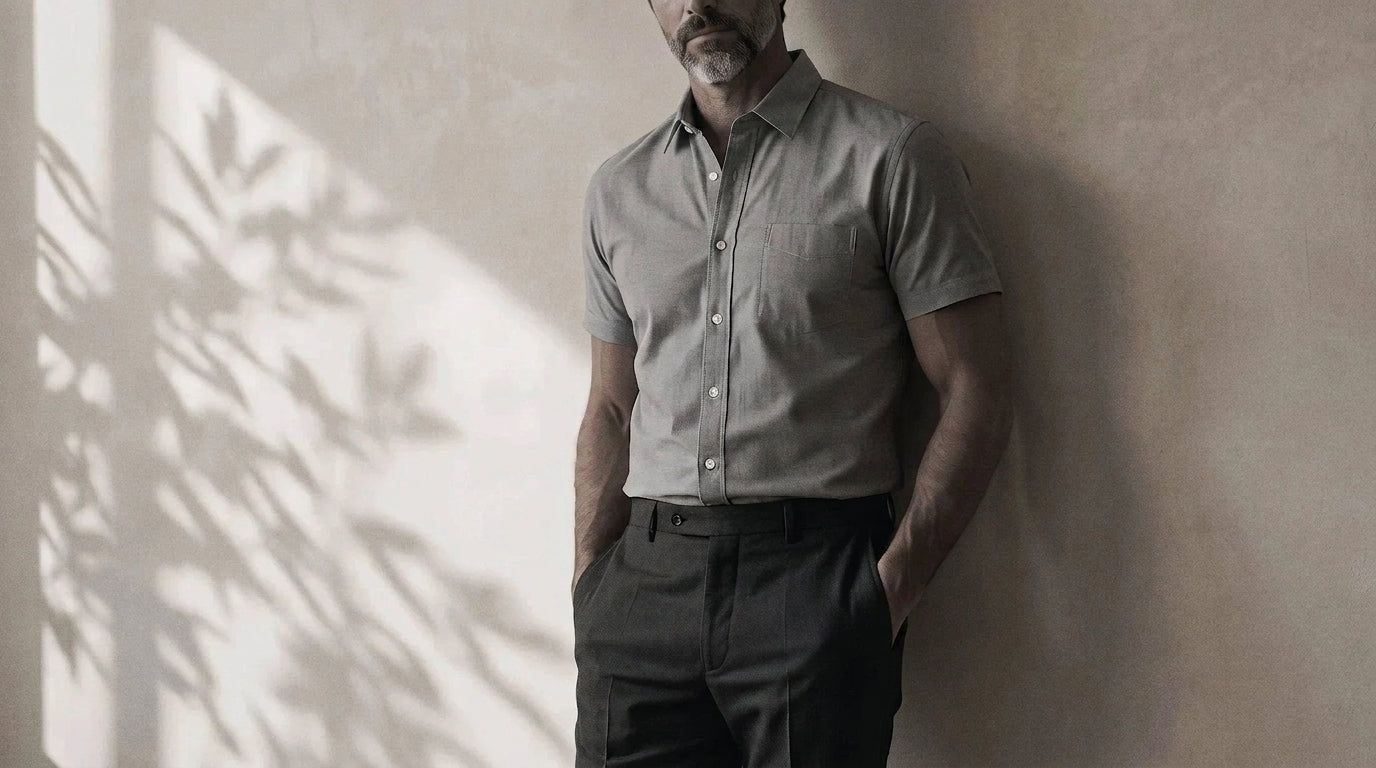 The Short Sleeve Mercier 160 in Pepper & Salt Pinpoint Oxford Cotton worn