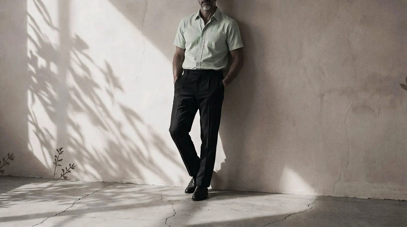 The Short Sleeve Mercier 160 in Mint Macha Pinpoint Oxford Cotton worn
