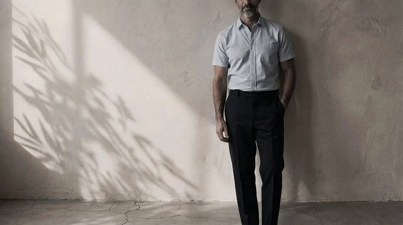 The Short Sleeve Mercier 160 in Sea Glass Pinpoint Oxford Cotton worn