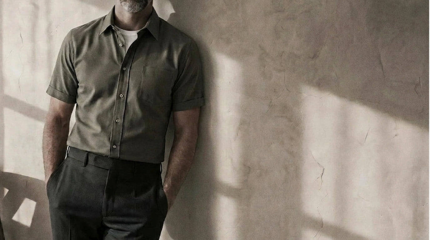 The Short Sleeve Mercier 160 in Dirty Taupe Oxford Cotton worn