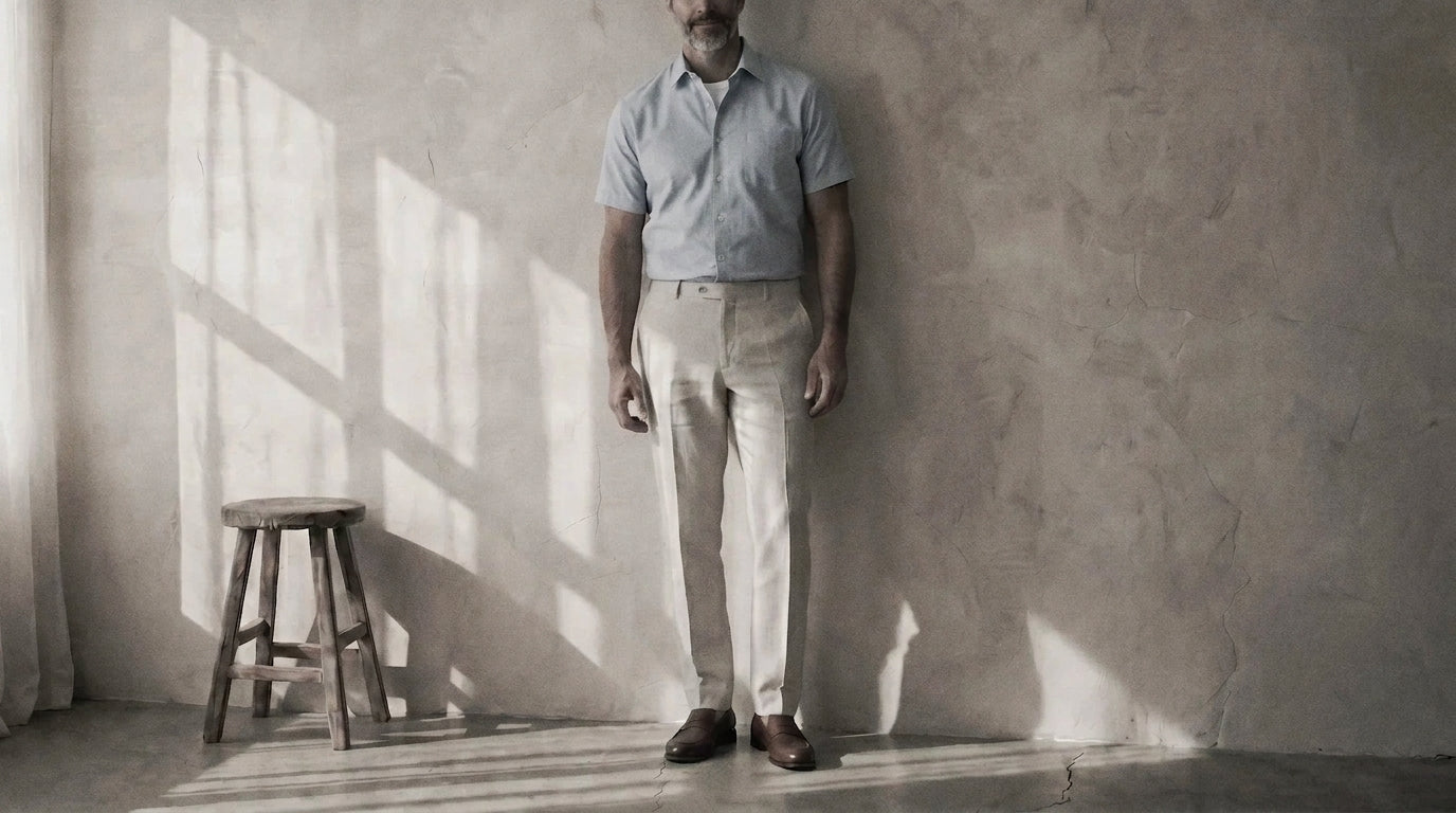 The Short Sleeve Mercier 160 in Sky Blue Indian Cotton worn