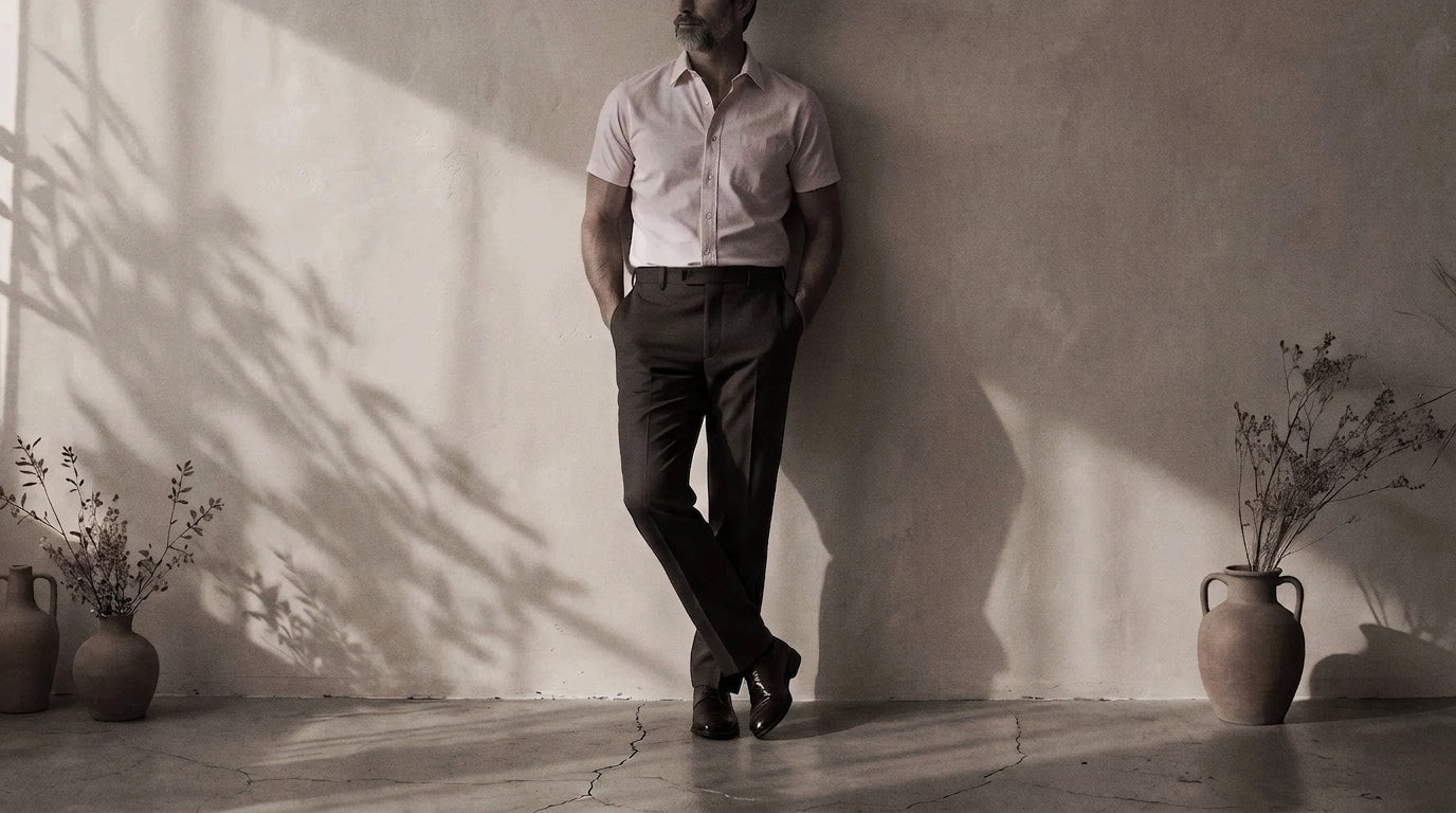 The Short Sleeve Mercier 160 in Pink Whisper Pinpoint Oxford Cotton worn