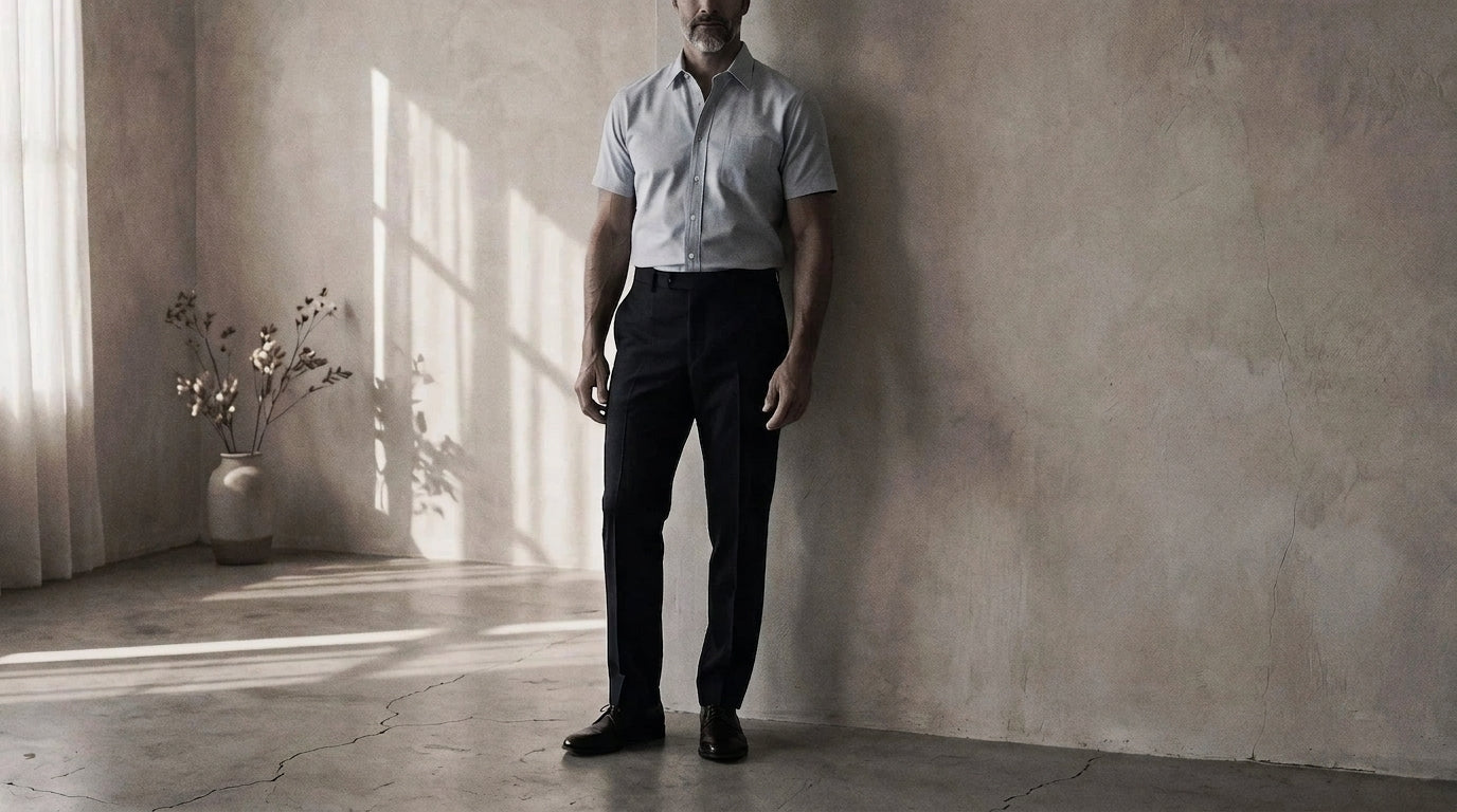 The Short Sleeve Mercier 160 in Washed Iris Pinpoint Oxford Cotton worn
