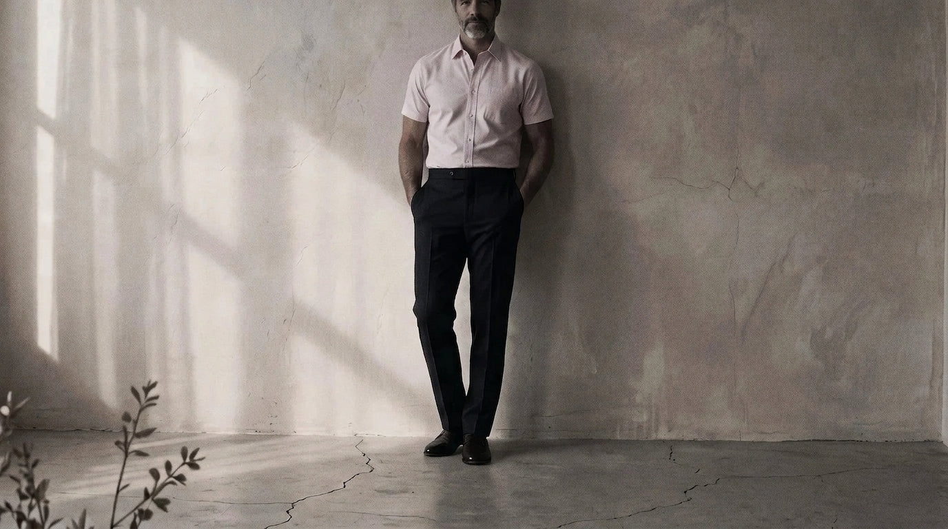 The Short Sleeve Mercier 160 in Lilac Pinpoint Oxford Cotton worn