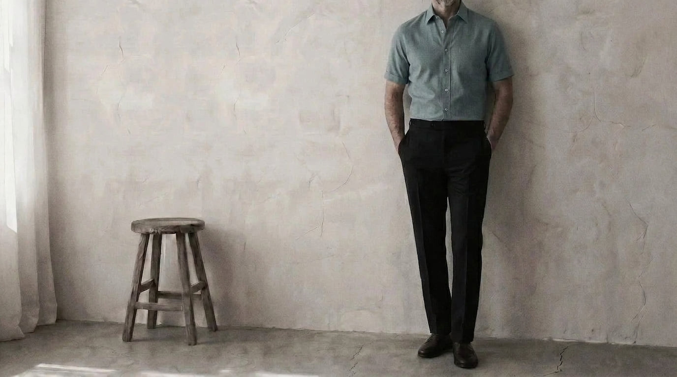 The Short Sleeve Mercier 120 in Teal Blue Cotton Flax worn