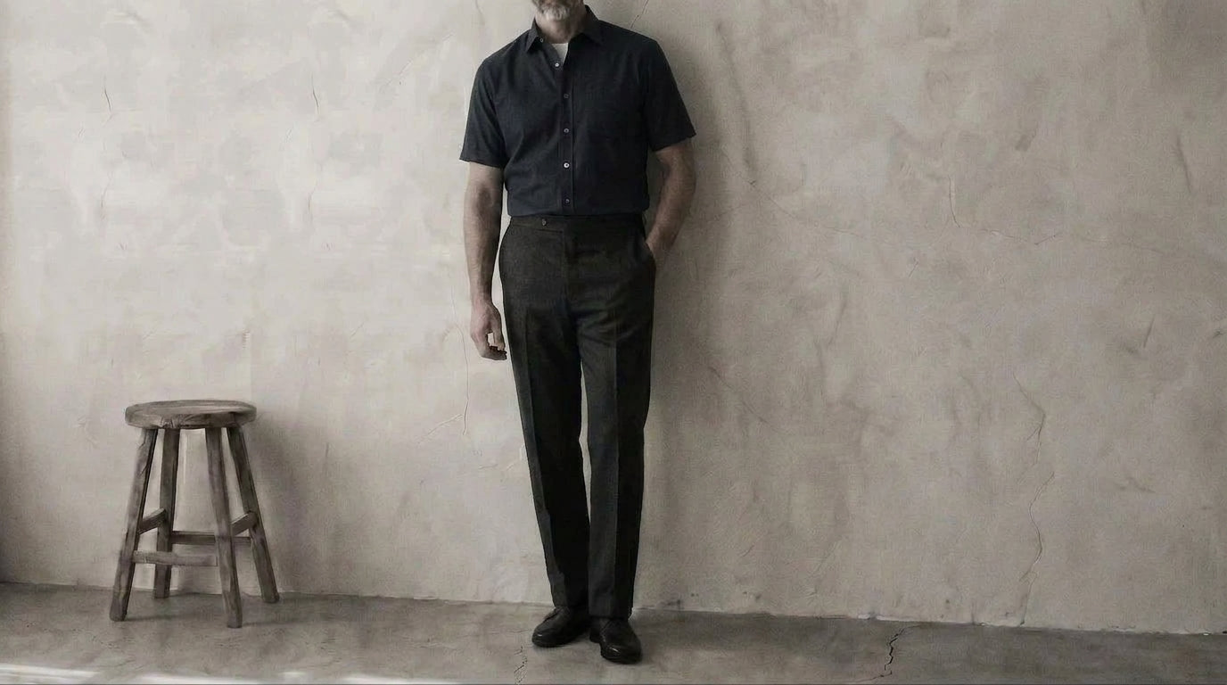 The Short Sleeve Mercier 120 in Regal Blue Cotton Flax worn
