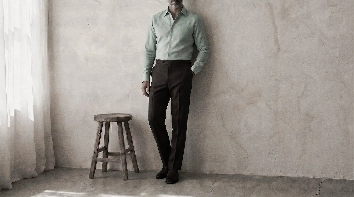 The Mercier 120 in Peppermint Green Cotton Flax worn