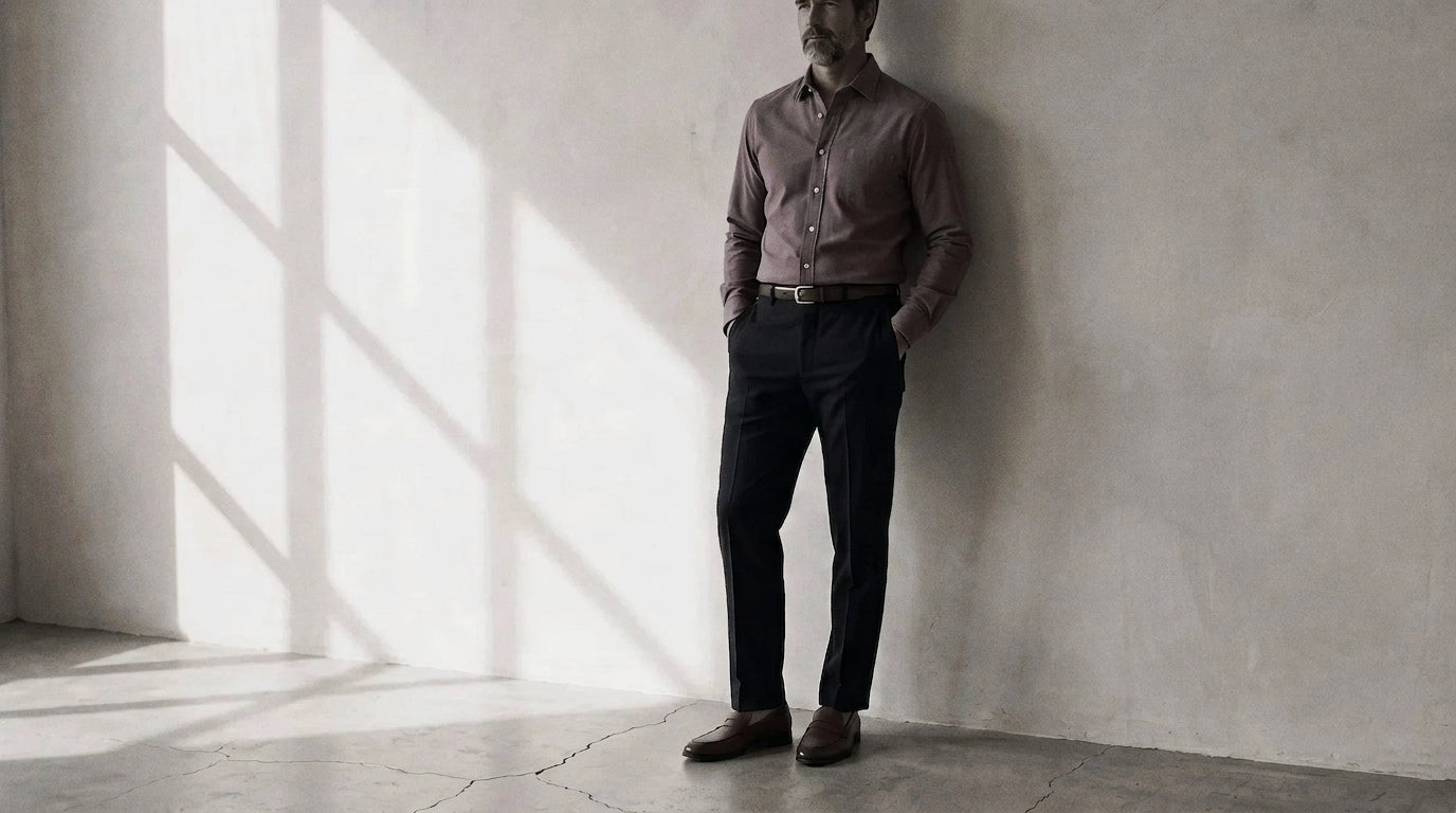The Mercier 160 in Rhubarb Pinpoint Oxford Cotton worn