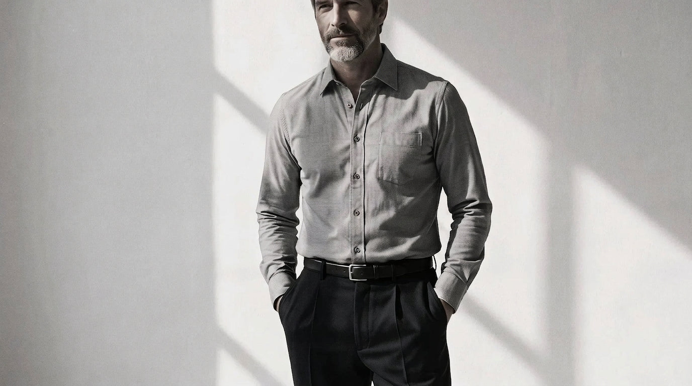 The Mercier 160 in Pepper & Salt Pinpoint Oxford Cotton worn