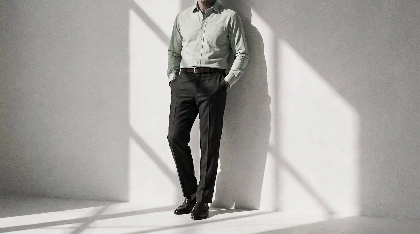 The Mercier 160 in Mint Matcha Pinpoint Oxford Cotton worn