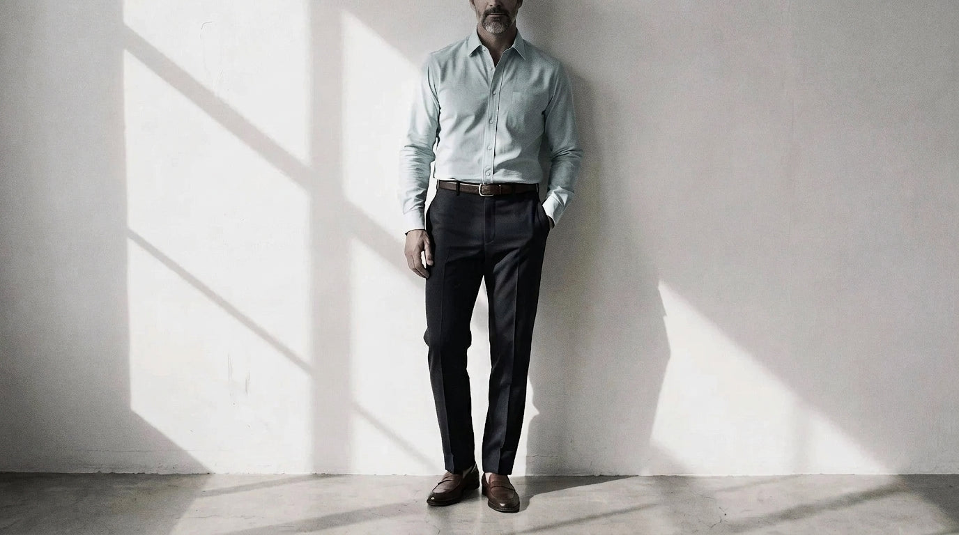 The Mercier 160 in Sea Glass Pinpoint Oxford Cotton worn