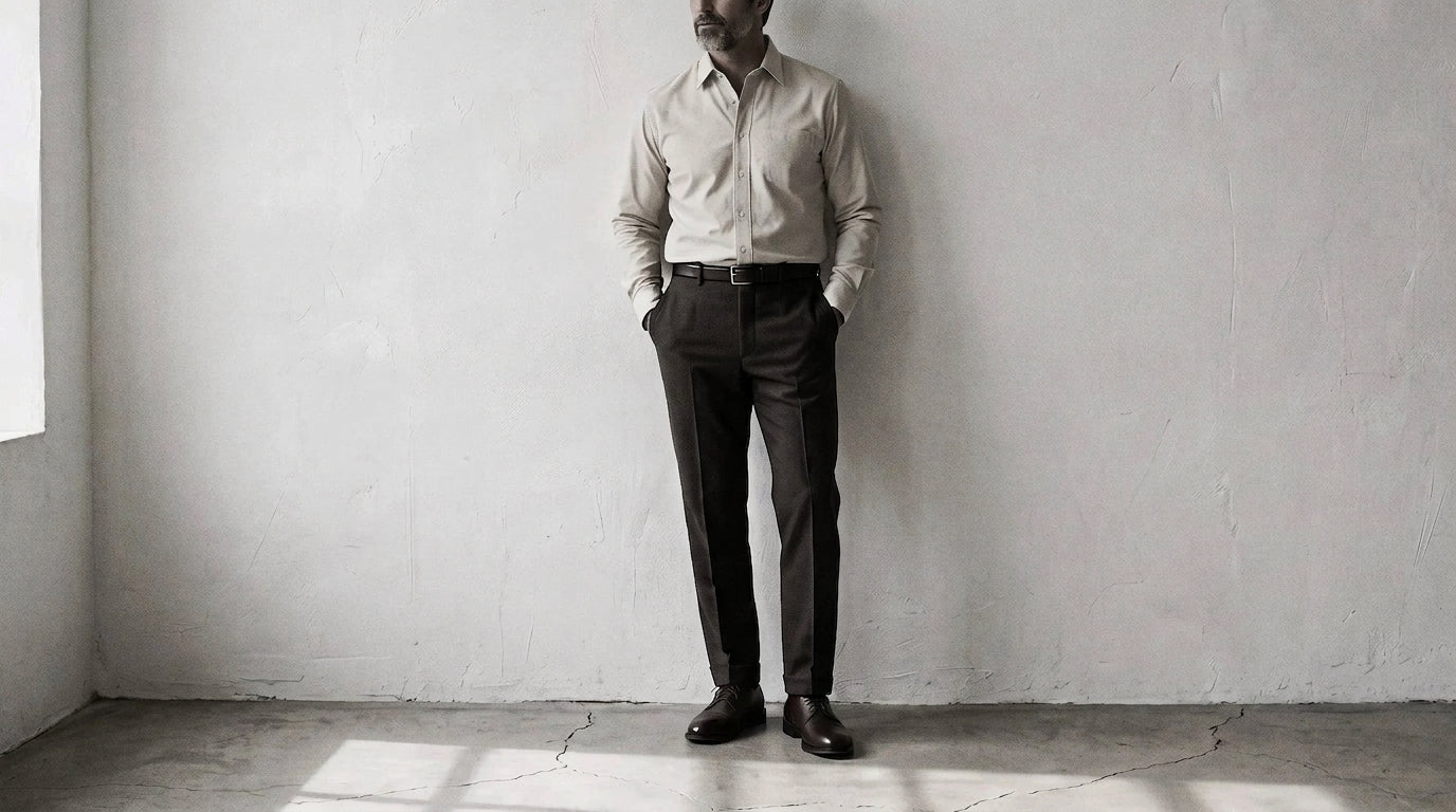 The Mercier 160 in Honeyed Oat Pinpoint Oxford Cotton worn
