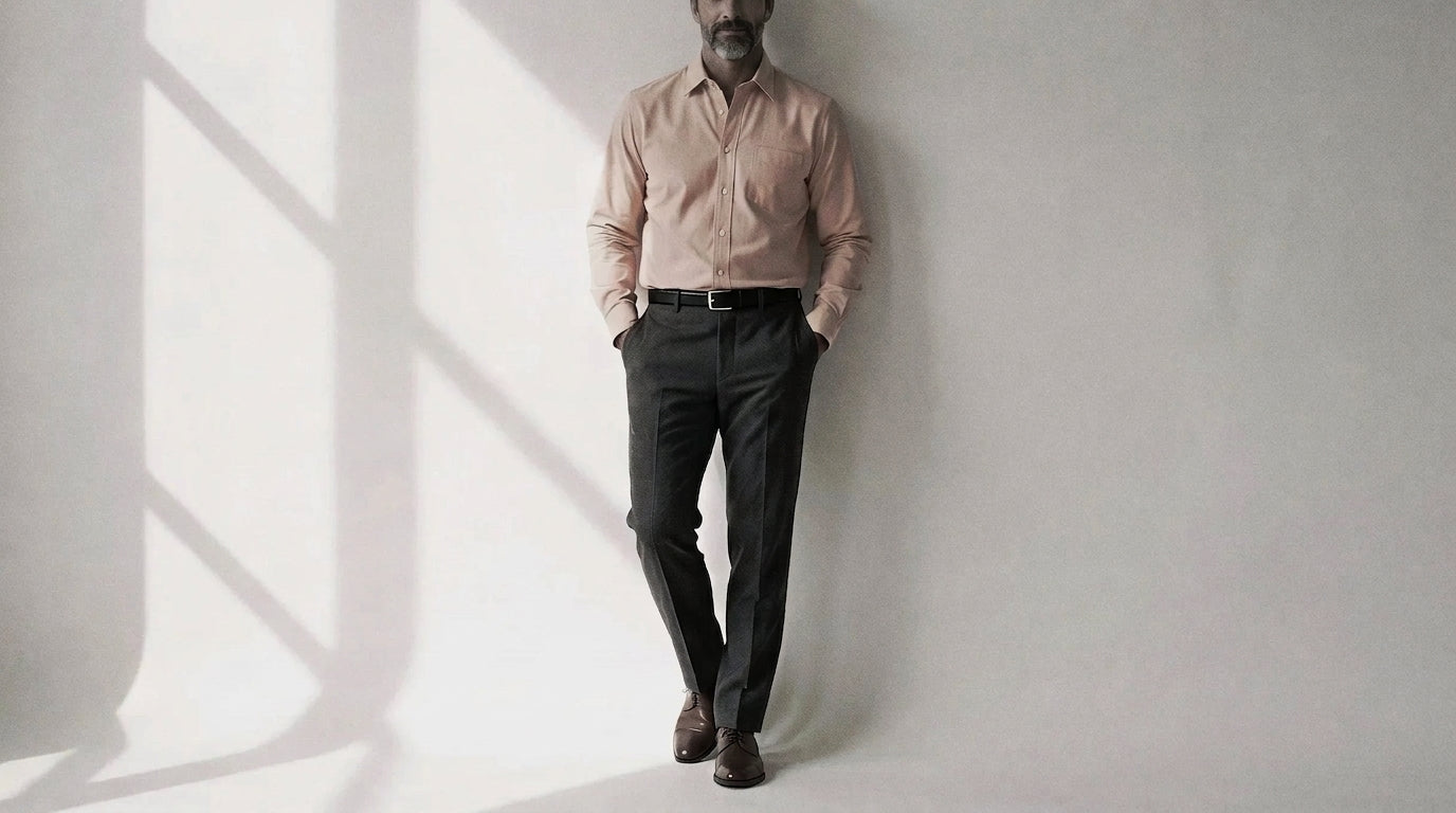 The Mercier 160 in Dusky Mandarin Pinpoint Oxford Cotton worn