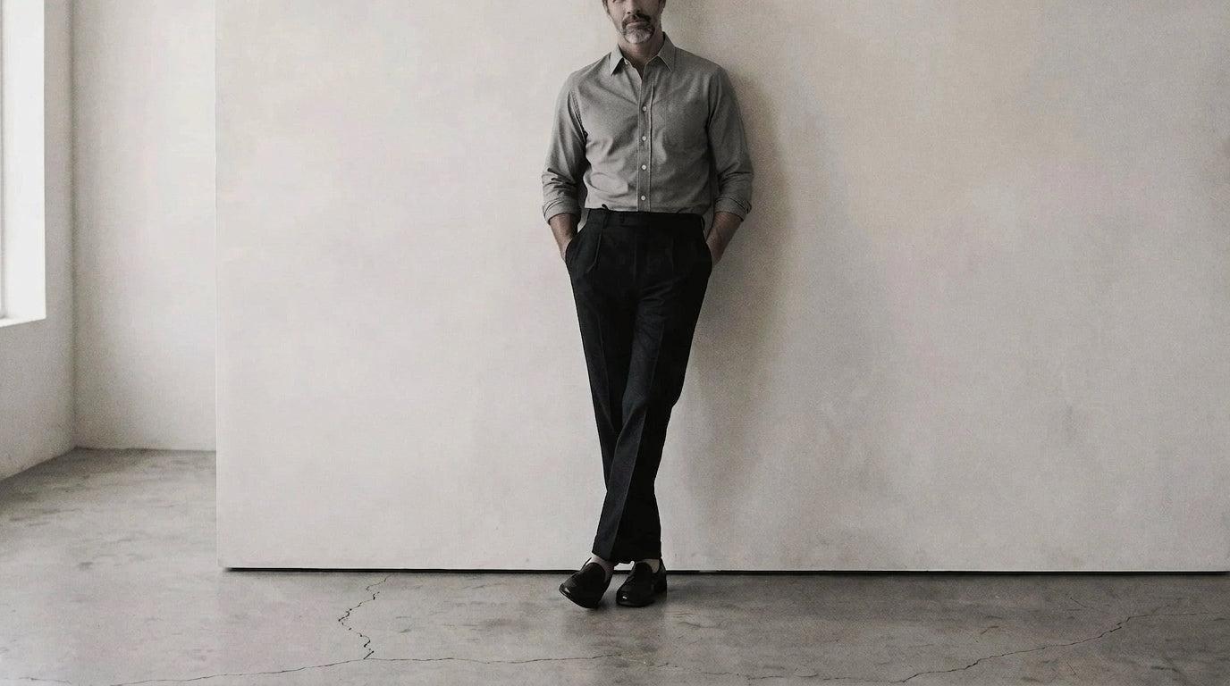 The Mercier 160 in Riverstone Grey Pinpoint Oxford Cotton worn