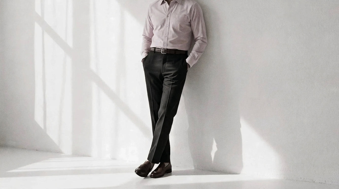The Mercier 160 in Lilac Pinpoint Oxford Cotton worn