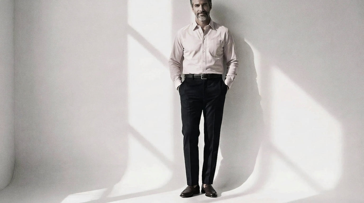 The Mercier 160 in Pink Whisper Pinpoint Oxford Cotton worn