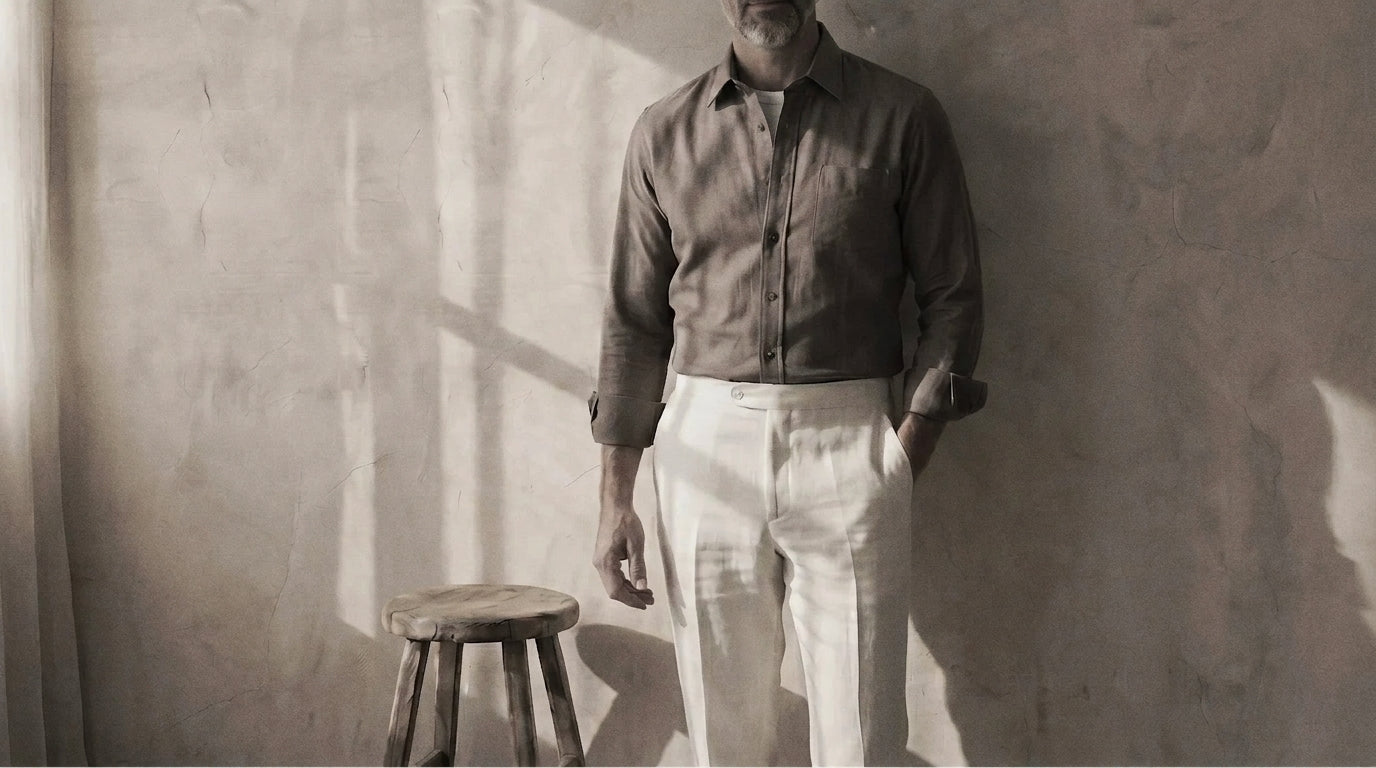 The Mercier 125 in Warm Taupe Linen worn