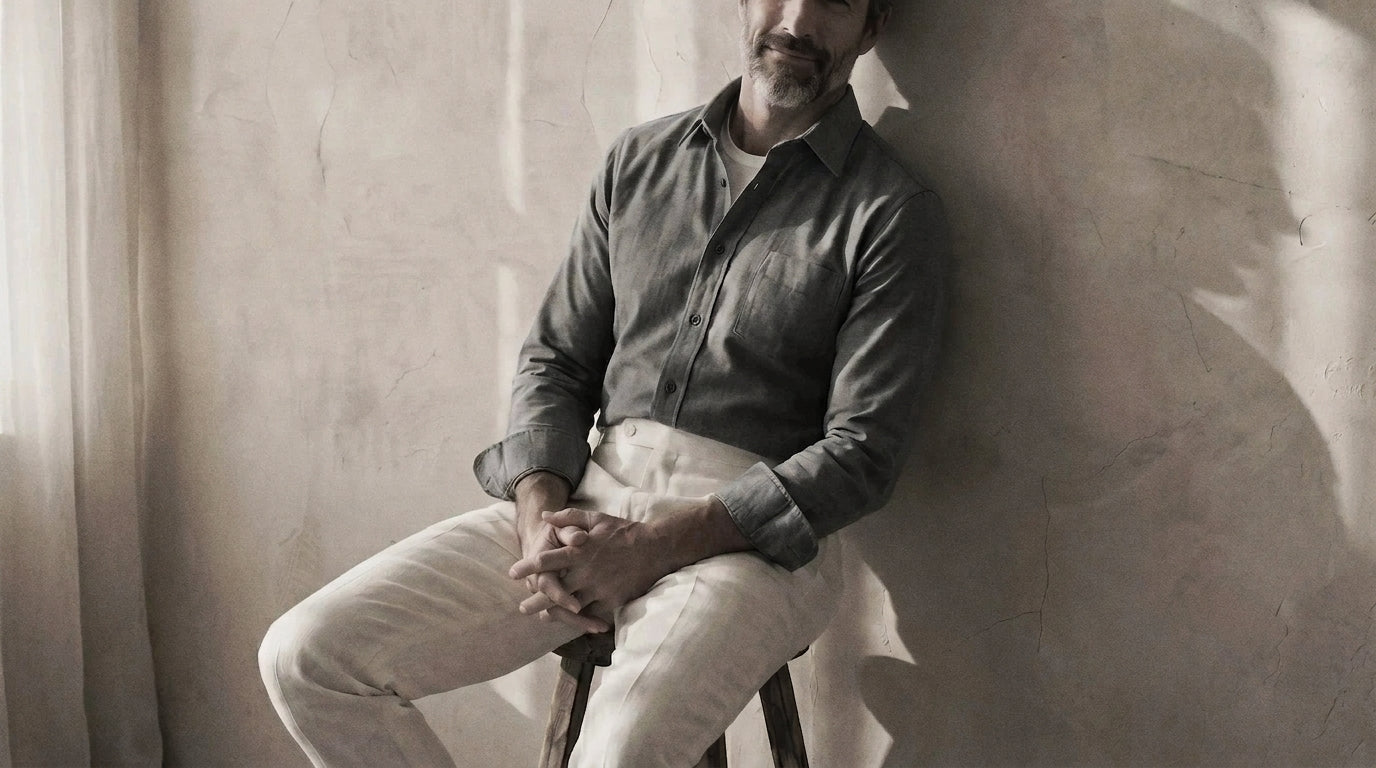 The Mercier 125 in Muted Slate Linen worn