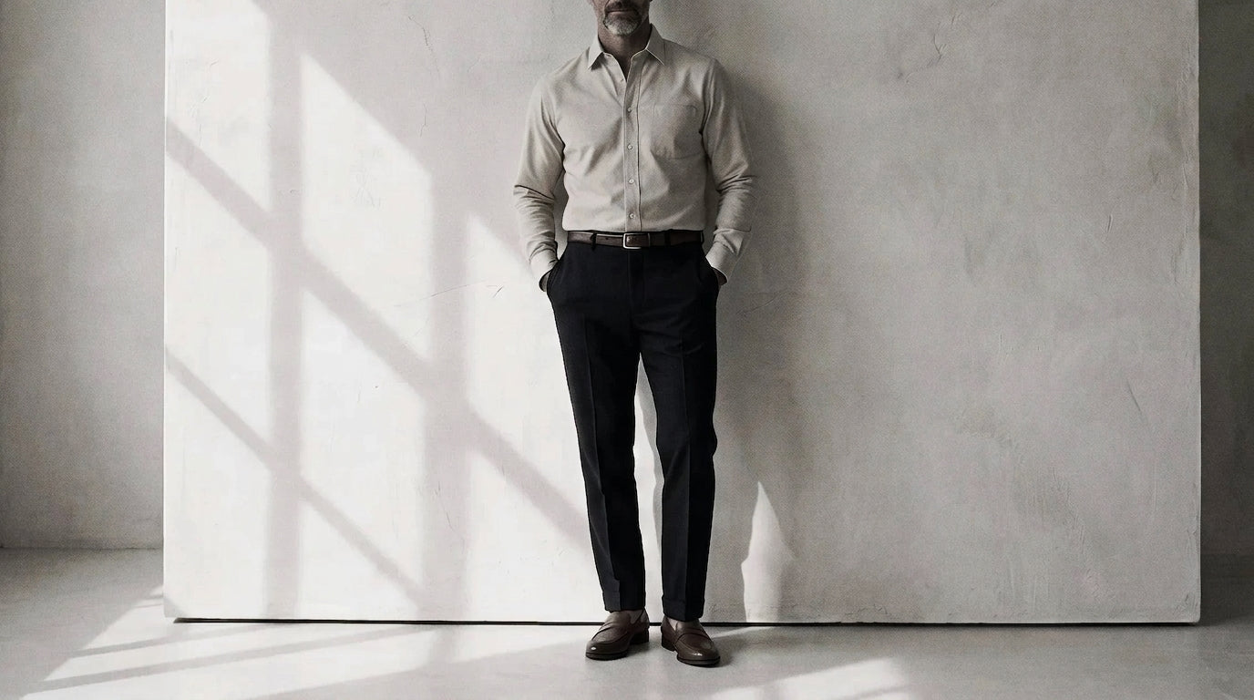 The Mercier 160 in Almond Milk Pinpoint Oxford Cotton worn