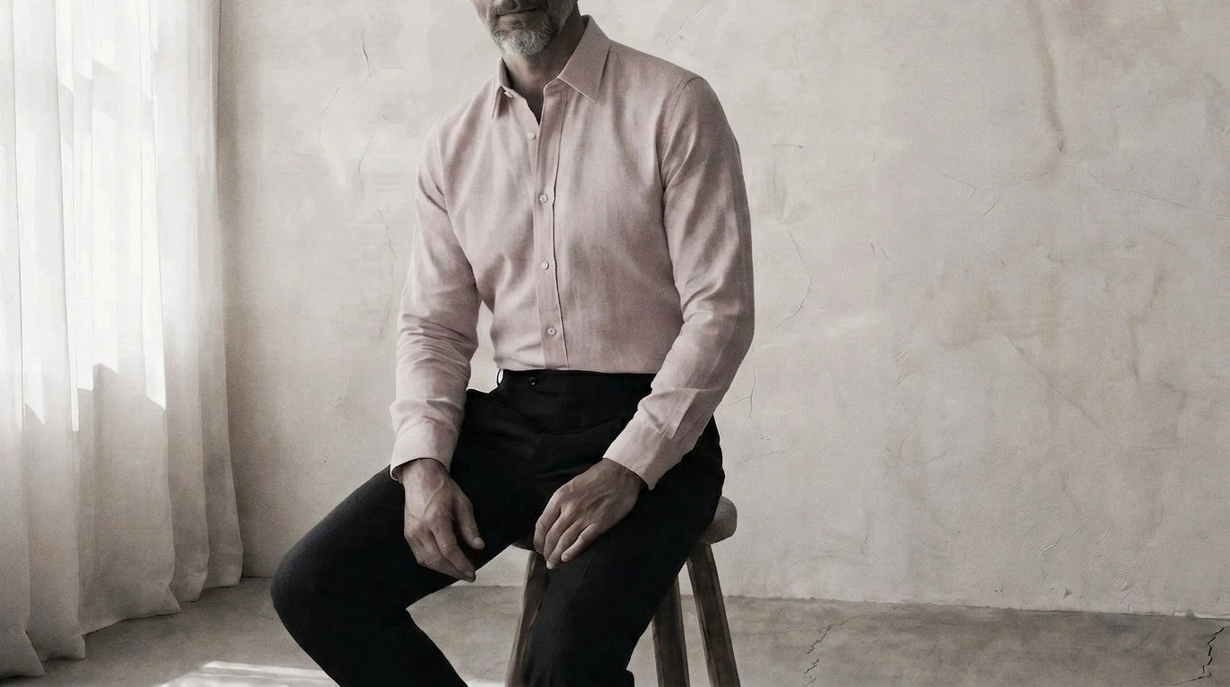 The Mercier 120 in Misty Pink Cotton Flax worn