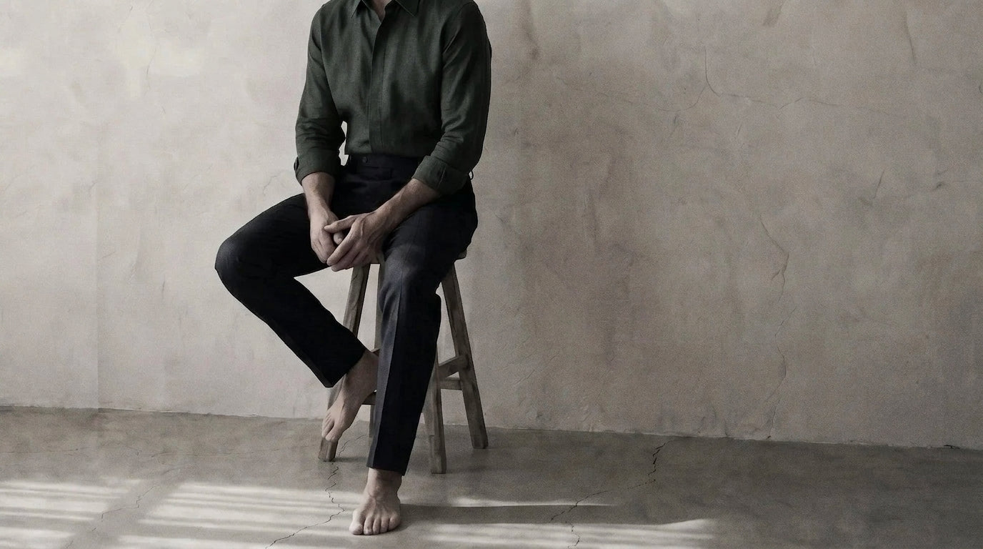 The Mercier 120 in Deep Olive Cotton Flax worn
