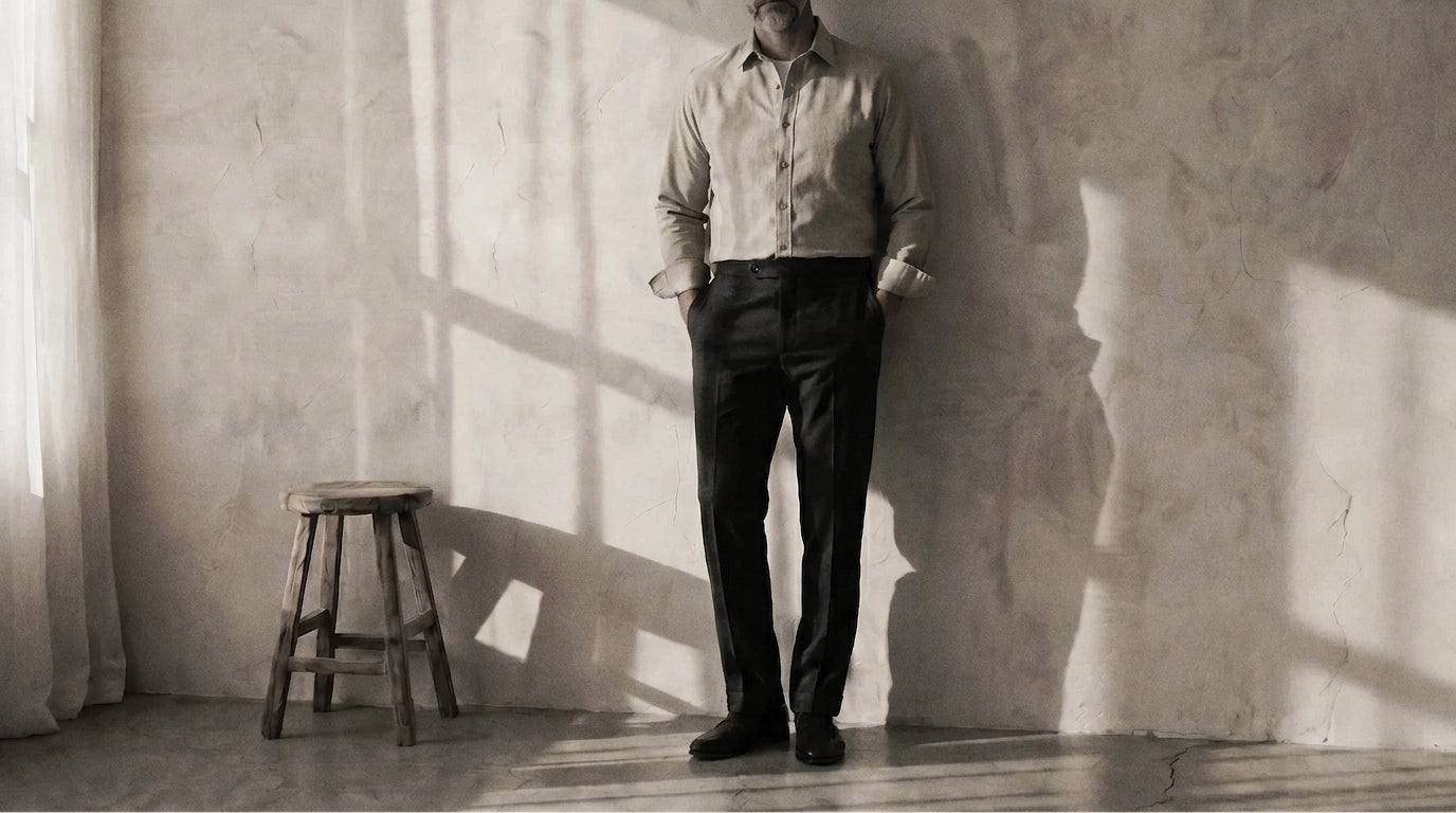 The Mercier 160 in Warm Sand Oxford Cotton worn