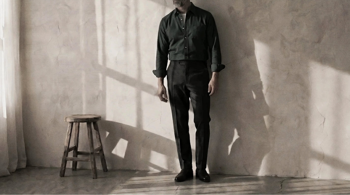 The Mercier 160 in Deep Olive Oxford Cotton worn
