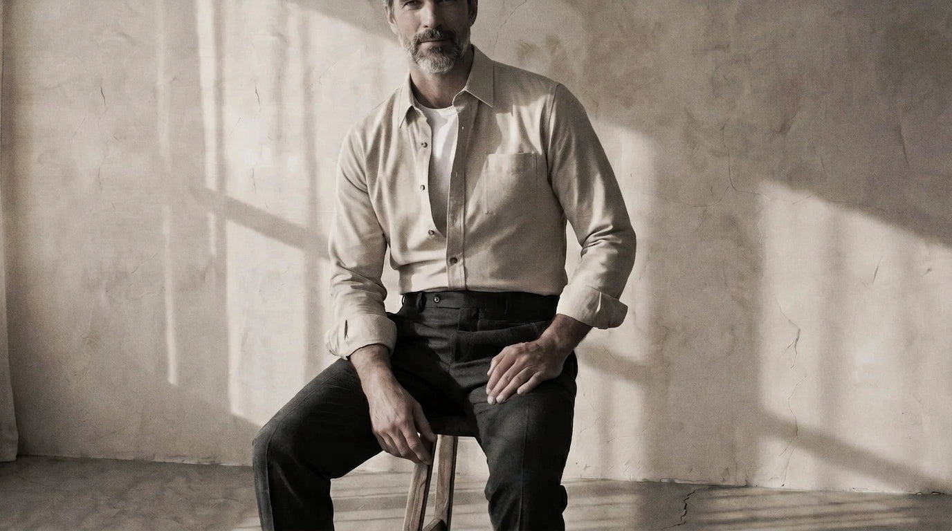 The Mercier 160 in Buttercream Oxford Cotton worn