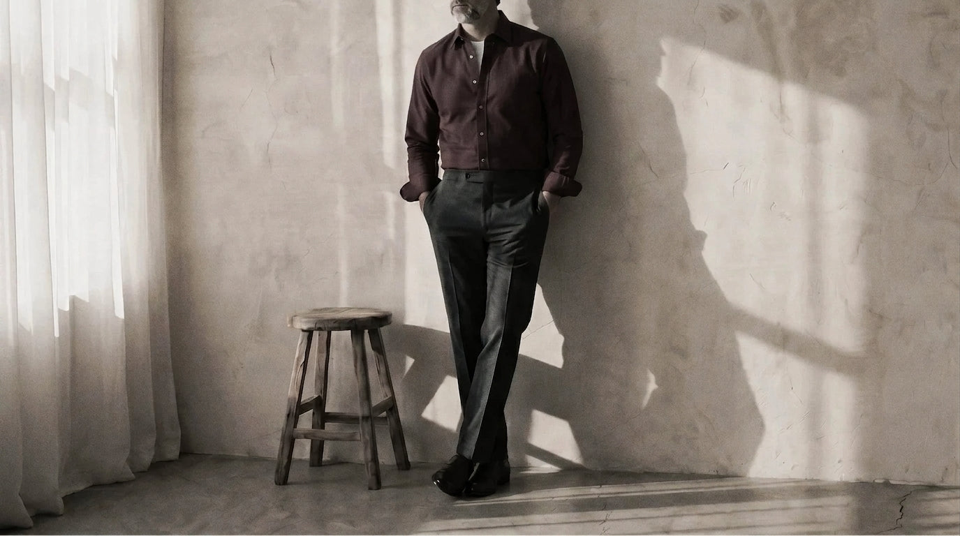 The Mercier 160 in Smoked Burgundy Oxford Cotton worn