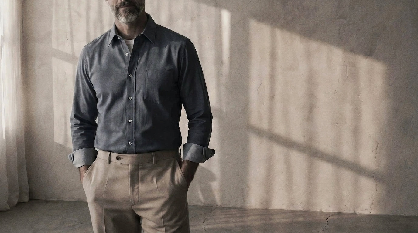 The Mercier 140 in Indigo Chambray Cotton worn