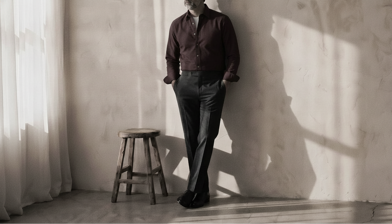 The Jack 160 in Smoked Burgundy Oxford Cotton worn