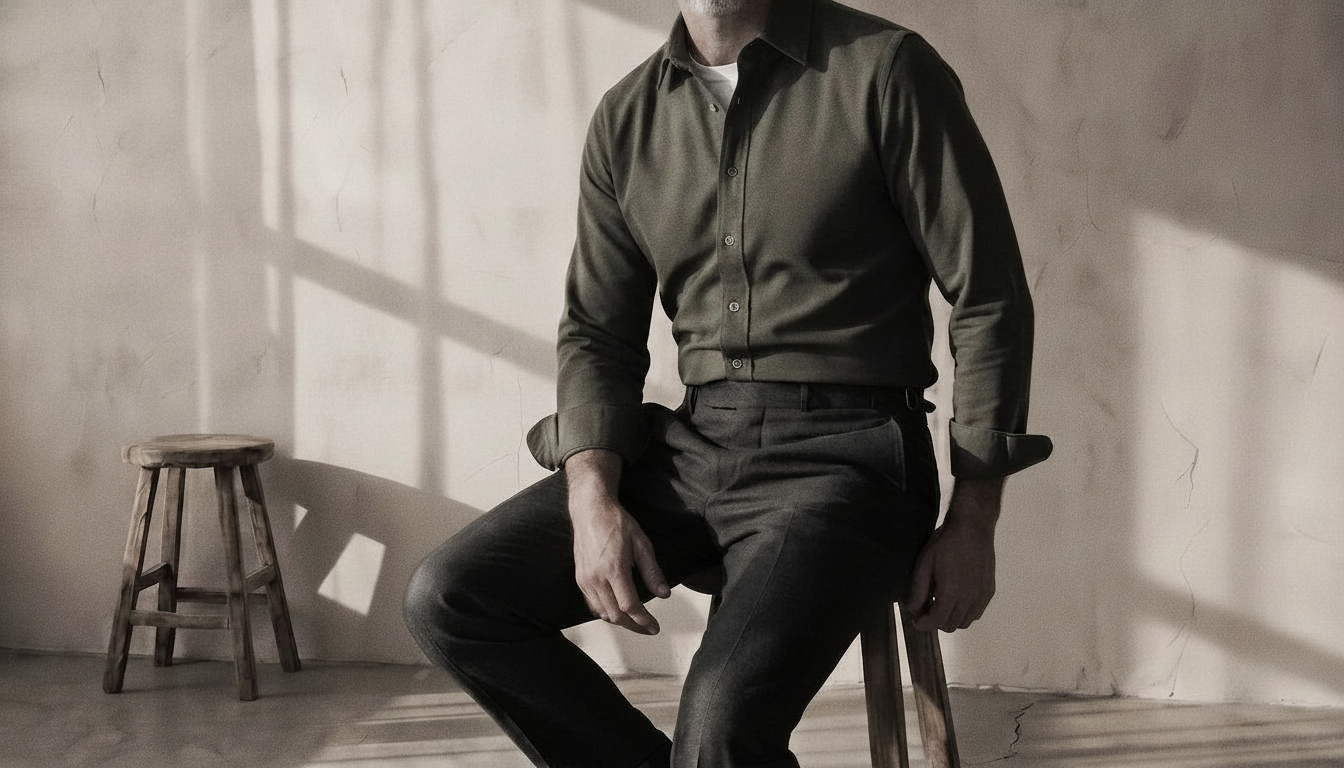 The Jack 160 in Moss Green Oxford Cotton worn