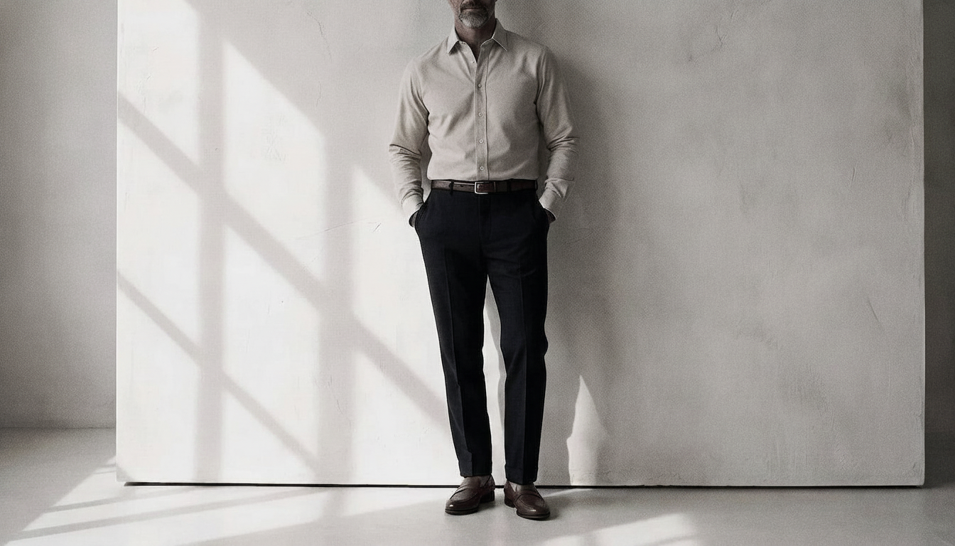 The Jack 160 in Almond Milk Pinpoint Oxford Cotton worn