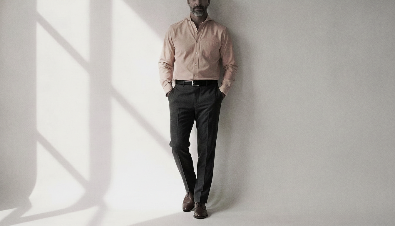 The Jack 160 in Dusky Mandarin Pinpoint Oxford Cotton worn