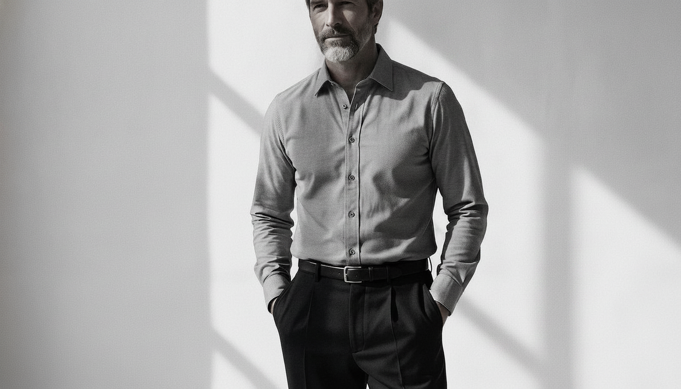 The Jack 160 in Pepper & Salt Pinpoint Oxford Cotton worn