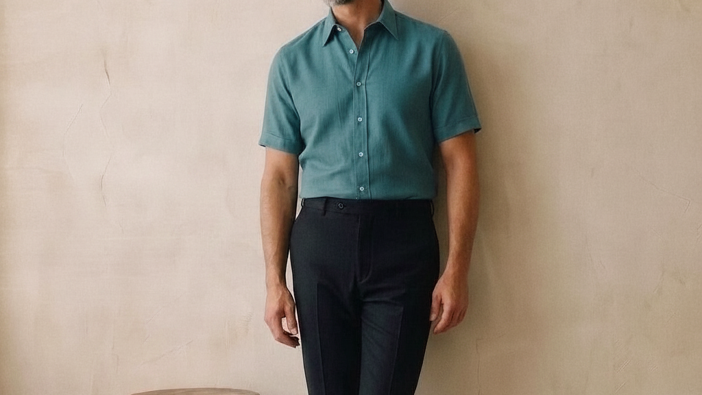 The Short Sleeve Jack 120 in Teal Blue Cotton Flax worn