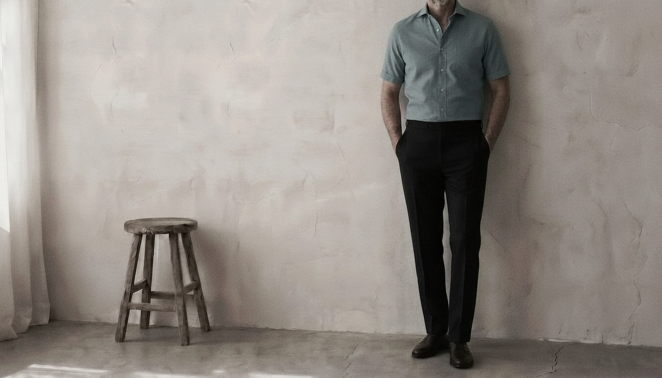 The Short Sleeve Jack 120 in Teal Blue Cotton Flax worn
