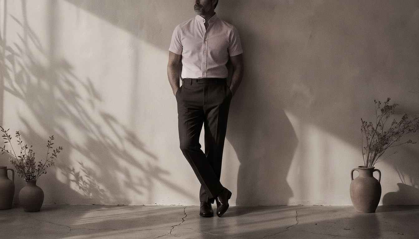 The Short Sleeve Jack 160 in Pink Whisper Pinpoint Oxford Cotton worn