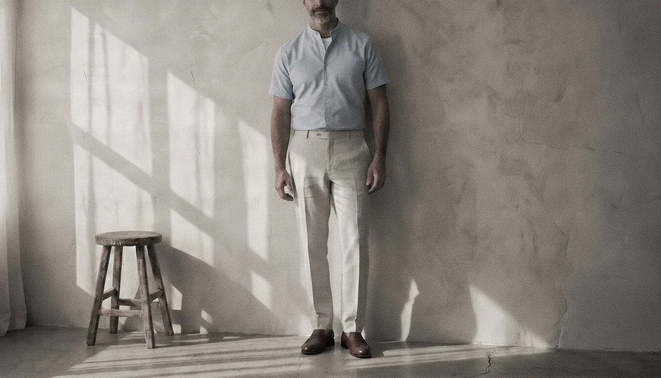 The Short Sleeve Jack 160 in Sky Blue Indian Cotton worn