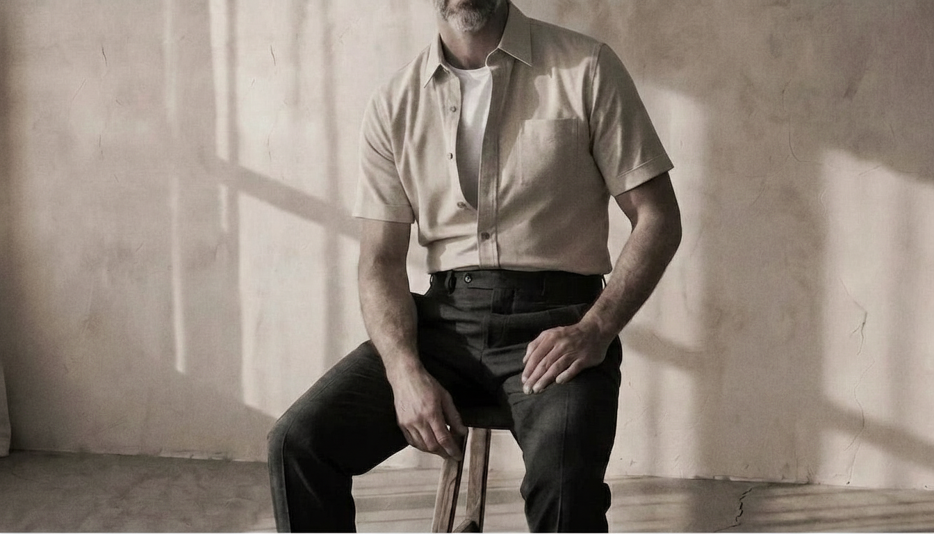 The Short Sleeve Jack 160 in Buttercream Indian Cotton worn