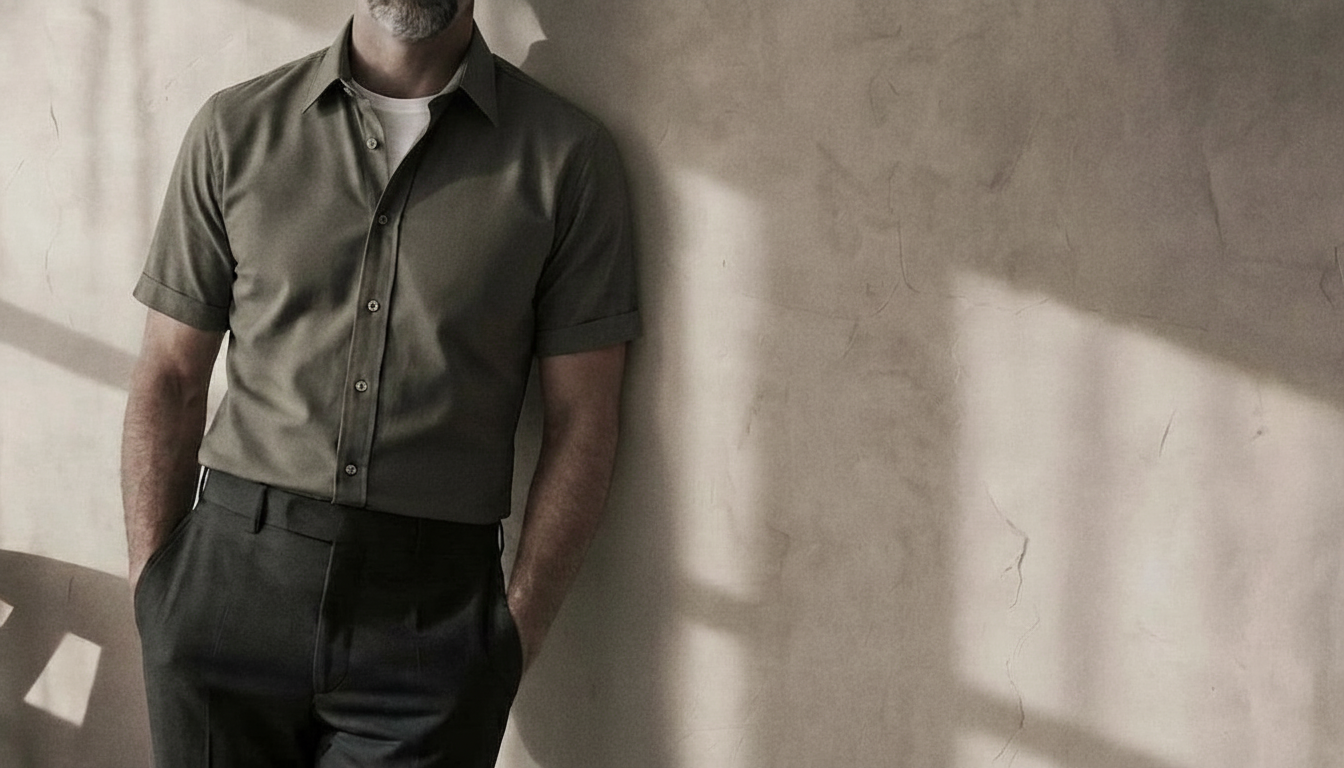 The Short Sleeve Jack 160 in Dirty Taupe Oxford Cotton worn