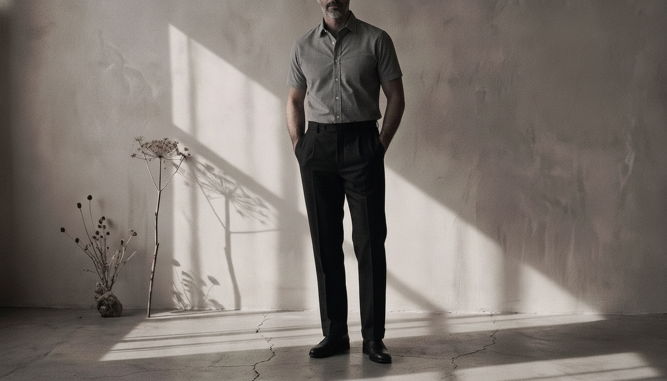 The Short Sleeve Jack 160 in Blue Static Pinpoint Oxford Cotton worn