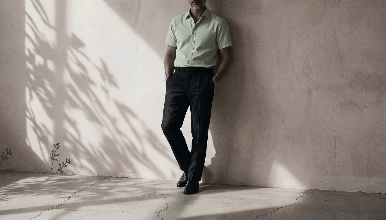 The Short Sleeve Jack 160 in Mint Macha Pinpoint Oxford Cotton worn