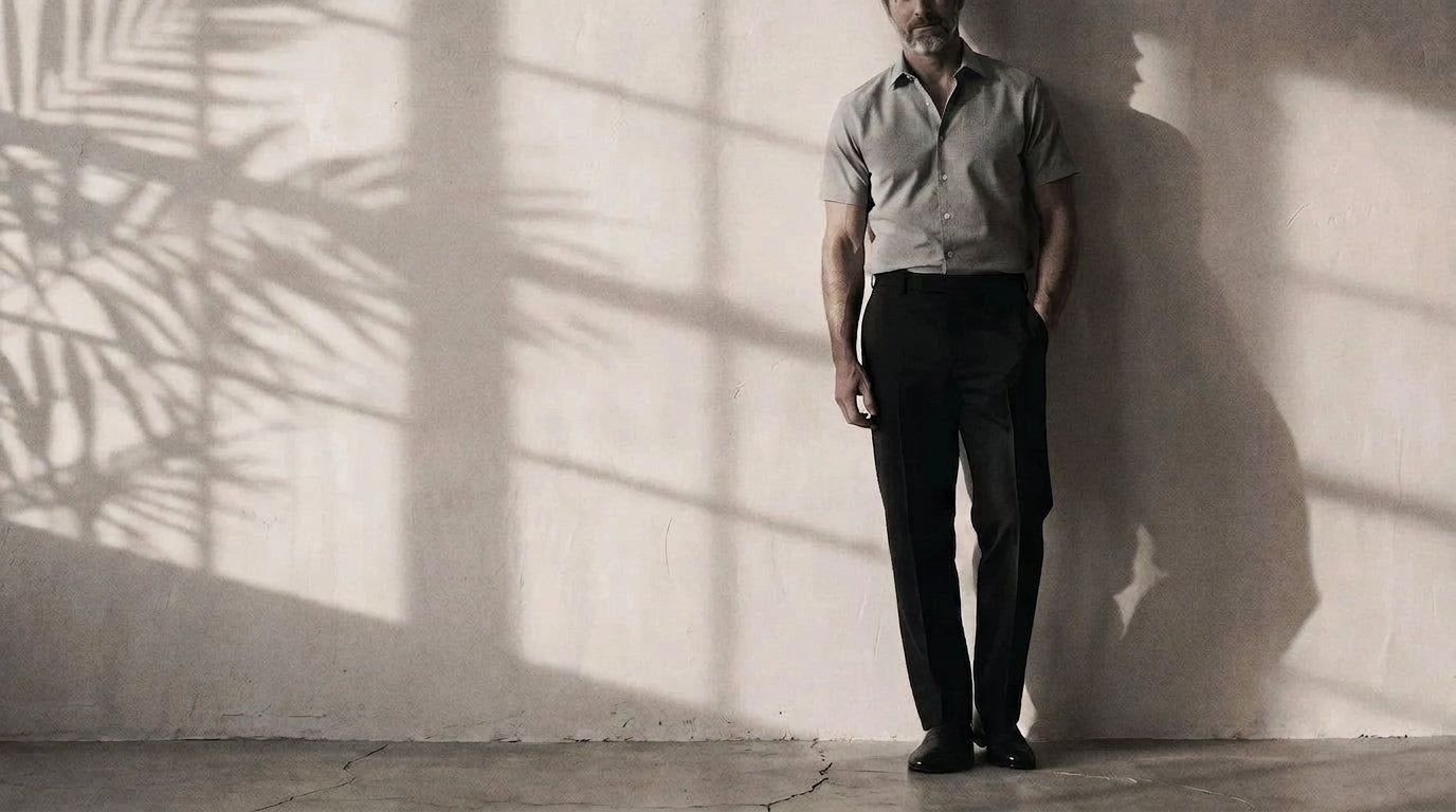 The Short Sleeve Jack 160 in Riverstone Grey Pinpoint Oxford Cotton worn