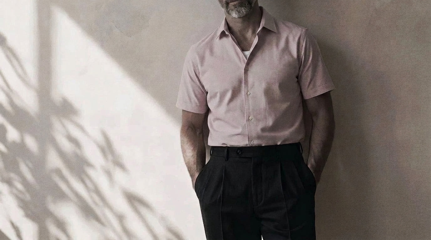 The Short Sleeve Jack 160 in Blush Pop Pinpoint Oxford Cotton worn