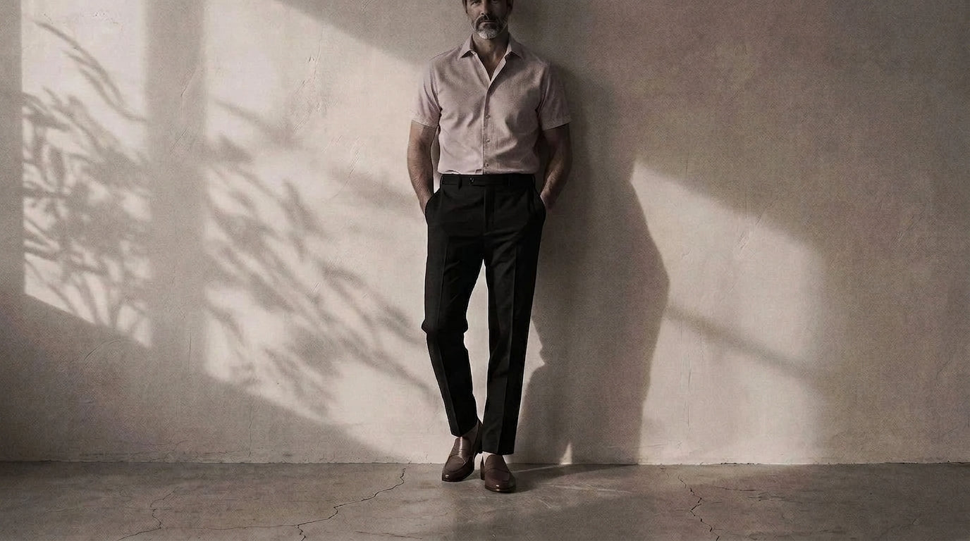 The Short Sleeve Jack 160 in Rhubarb Pinpoint Oxford Cotton worn