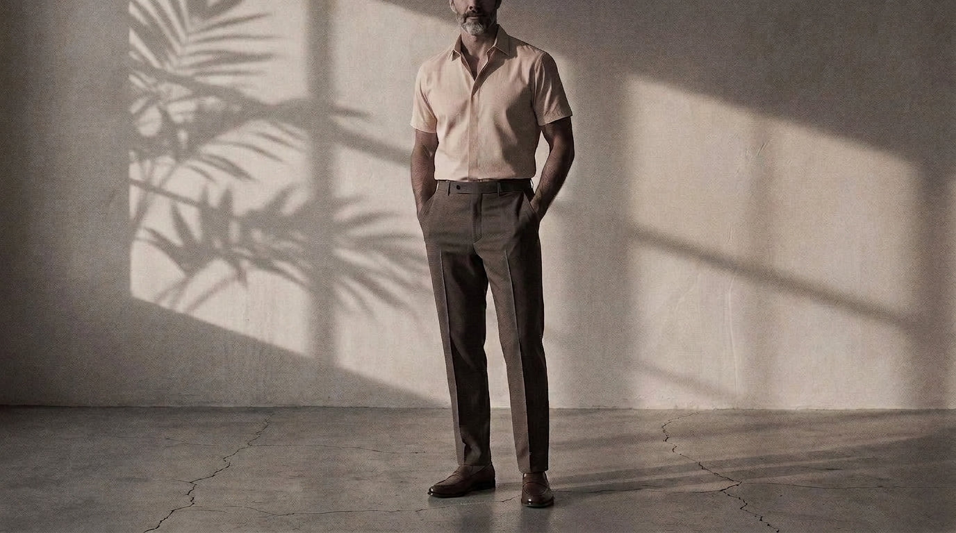 The Short Sleeve Jack 160 in Dusky Mandarin Pinpoint Oxford Cotton worn