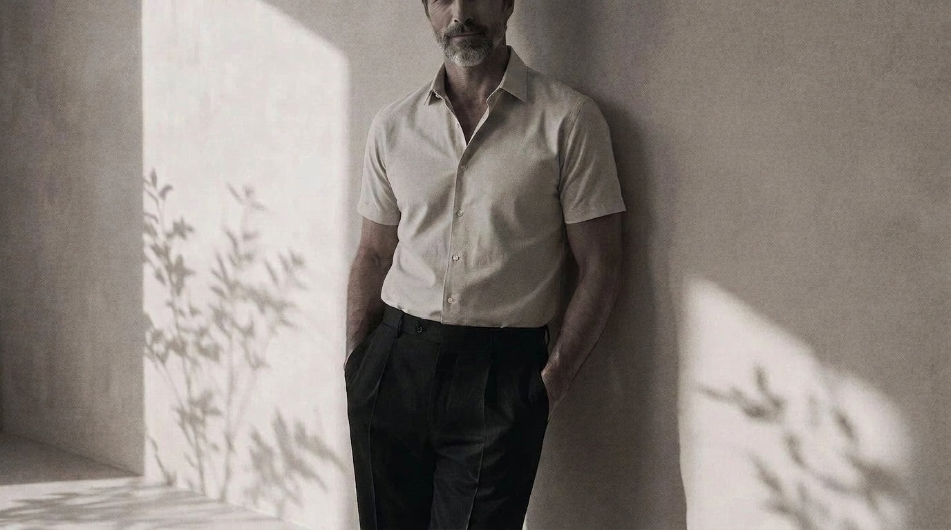 The Short Sleeve Jack 160 in Honeyed Oat Pinpoint Oxford Cotton worn