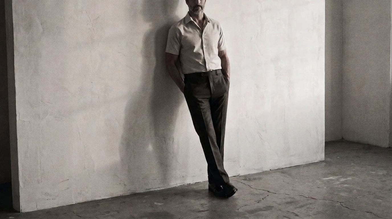 The Short Sleeve Jack 160 in Almond Milk Pinpoint Oxford Cotton worn