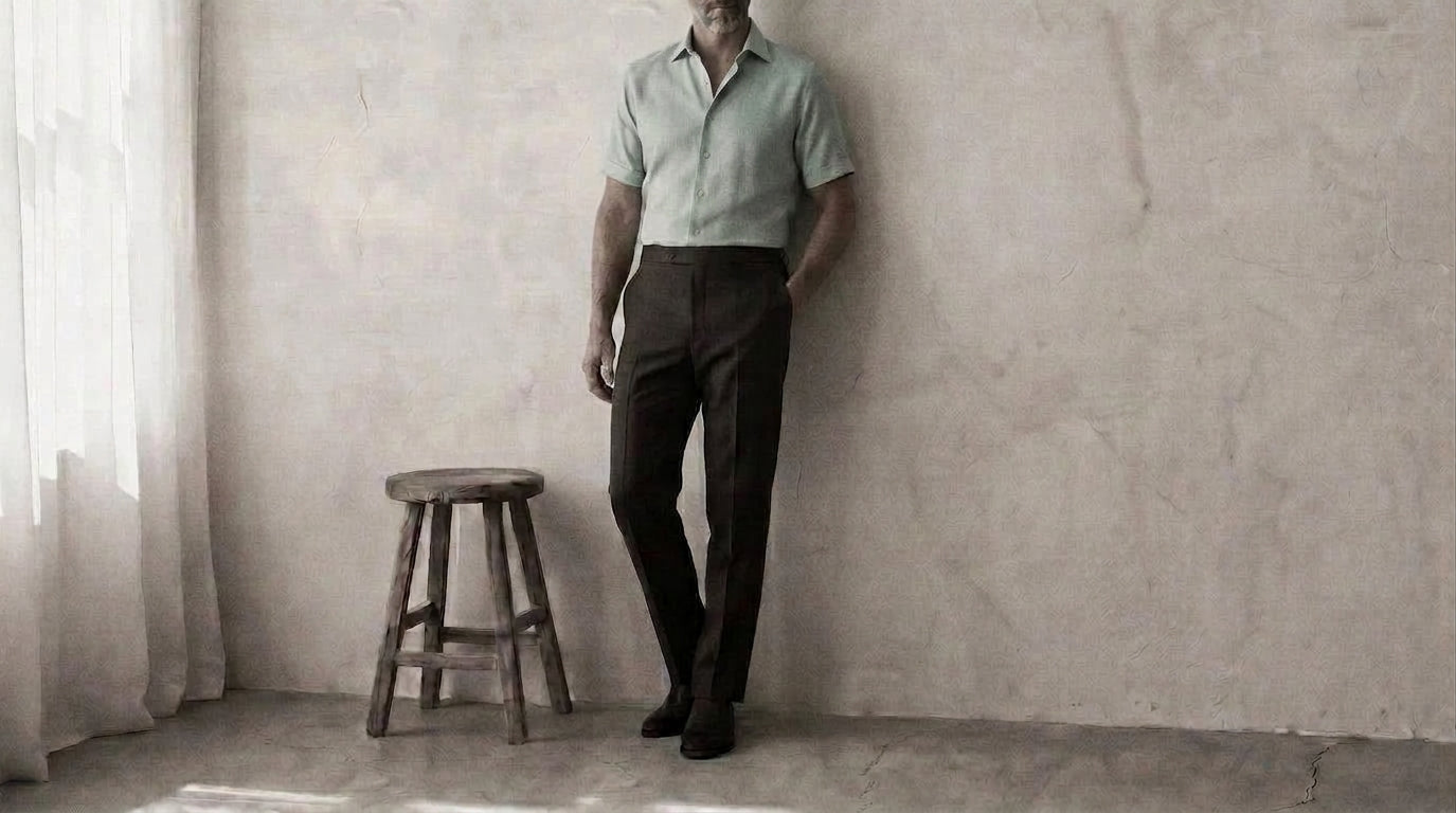 The Short Sleeve Jack 120 in Peppermint Green Cotton Flax worn